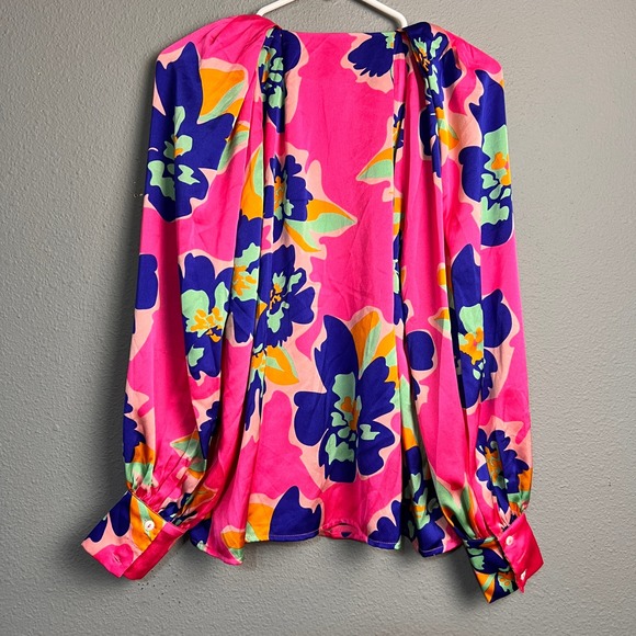 Entro Pink Bold Print Artsy Valentines Love Floral Balloon SL V Neck Blouse Sz S - Picture 5 of 13